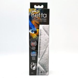 A Fluval Betta Poly-Carb Cartridge box featuring a blue and orange betta fish image, product details, and a photo of the white cartridge filters. The package contains four filters for aquarium water purification.