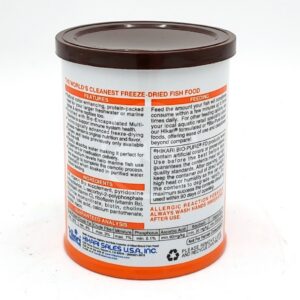 A can of HIKARI FREEZE DRIED KRILL, with features, feeding instructions, ingredients, guaranteed analysis, and allergy warnings provided in both English and Japanese.