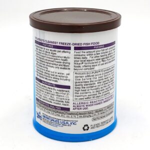A canister of HIKARI FREEZE DRIED SPIRULINA BRINE SHRIMP .42 OZ (12G) fish food with a brown lid features product details in black text on a white and purple label, including ingredients, feeding instructions, and contact info.