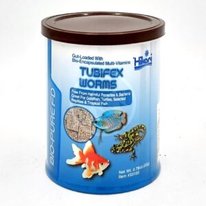 A .78 oz (22g) can of HIKARI FREEZE DRIED TUBIFEX WORMS with a brown lid, showing goldfish, tropical fish, and salamander images. Label notes multi-vitamins and that it's suitable for fish, turtles, and reptiles.