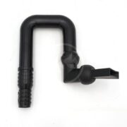 A black plastic pipe fitting with two right-angle bends, ribbed ends for hose attachment, and a side nozzle, set against a white background.