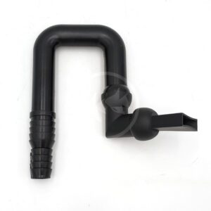 A black plastic pipe fitting with two right-angle bends, ribbed ends for hose attachment, and a side nozzle, set against a white background.