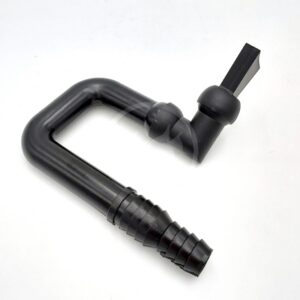 A black plastic L-shaped hose connector with ribbed ends and a lever valve, used for joining and controlling fluid flow in tubing systems, placed on a white background.