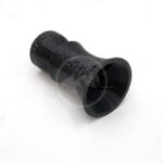A black plastic pipe fitting with flared ends, designed for joining pipes or hoses. The fitting has some markings or text embossed on its surface.