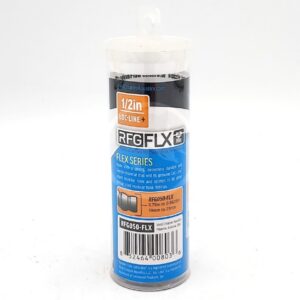 A clear plastic container labeled RFG FLX, containing a 1/2 inch Loc-Line+ Flex Series fitting. The blue label describes the product’s compatibility and features, with a barcode and product information at the bottom.