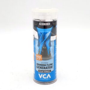 A cylindrical container displaying a Random Flow Generator by VCA, Flex Series, for 1/2-inch Loc-Line, with blue and black graphics and Made in the USA printed at the top.