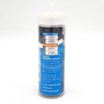 A cylindrical plastic container with a blue label displaying flow rates for a Random Flow Generator nozzle, along with product information and usage instructions. The container is transparent with a white cap.