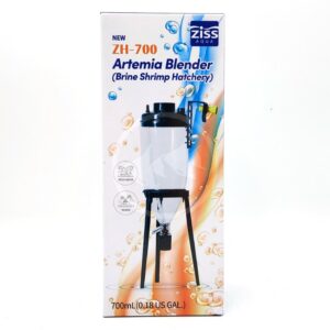 Box for the Ziss Aqua ZH-700 Artemia Blender (Brine Shrimp Hatchery), featuring an image of the product, text details, and a background with bubbles. Capacity is 700ml (0.18 US GAL).