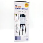 Box of the ZH-700 Artemia Blender, showing a diagram of the product with labeled parts, including a thermometer holder, air inlet, air/air connector, and adjustable hanging bracket. Capacity: 700mL. Made in Korea.