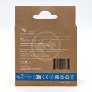 Brown cardboard box with blue accents displaying multilingual text about an aquarium temperature sensor, compatibility details, barcode, company logo, and various certification symbols. The package has a hanging tab at the top.