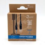 A brown box labeled Aquatlantis Ori Temperature Sensor for Aquariums. The packaging shows the sensor with a 2m cable and mentions app control, temperature management, and submersible use.