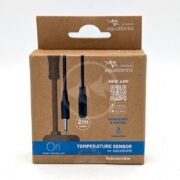 A brown box labeled Aquatlantis Ori Temperature Sensor for Aquariums. The packaging shows the sensor with a 2m cable and mentions app control, temperature management, and submersible use.