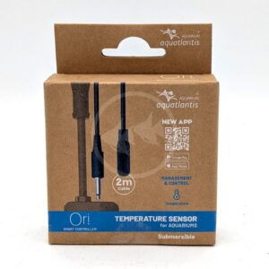 A brown box labeled Aquatlantis Ori Temperature Sensor for Aquariums. The packaging shows the sensor with a 2m cable and mentions app control, temperature management, and submersible use.