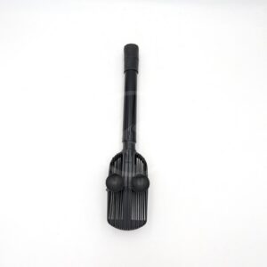 A black plastic vacuum cleaner attachment with bristles and two round rubber pads, displayed on a white background.