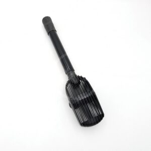 A black vacuum cleaner attachment with long, narrow bristles, designed for cleaning surfaces or hard-to-reach areas, is shown on a white background.