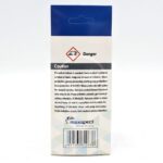 Back of a product box with warning symbols and caution text about chemical hazards, including danger label, first aid instructions, and Maxspect branding at the bottom. Blue and white geometric pattern at the base.
