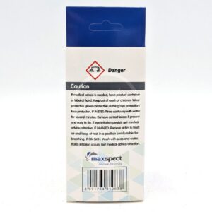 Back of a product box with warning symbols and caution text about chemical hazards, including danger label, first aid instructions, and Maxspect branding at the bottom. Blue and white geometric pattern at the base.