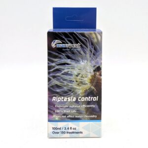 A box of Maxspect Aiptasia Control, featuring an image of a sea anemone. The box claims to eliminate aiptasia efficiently, is reef safe, does not affect water chemistry, and contains 100ml for over 150 treatments.