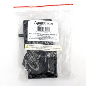 A sealed plastic bag containing an Aquascape Pond Aerator PRO 60 Replacement Diaphragm Kit with product label and a warning about cancer and reproductive harm.