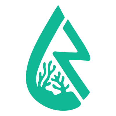 Teal logo shaped like a water droplet with a stylized number 7 and coral elements inside, on a white background.