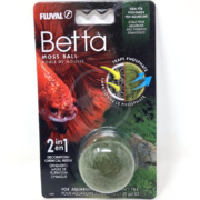 Fluval Betta Moss Ball product in packaging with a red fish image, green moss ball, and text highlighting its phosphate-trapping feature for freshwater aquariums.