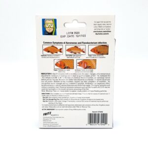Back of a Fritz Aquatics Maracyn fish medication box, featuring illustrations of common infection symptoms, usage instructions, dosage schedule, and product information.
