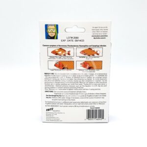 Fritz Maracyn fish medication packaging showing symptoms of Aeromonas, Hemophilus, and Cytophaga infection, with instructions, dosage, and ingredient information on the back.