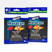 Two boxes of Fritz Maracyn bacterial infection treatment for freshwater and saltwater fish, showing 10-pack and 20-pack sizes.