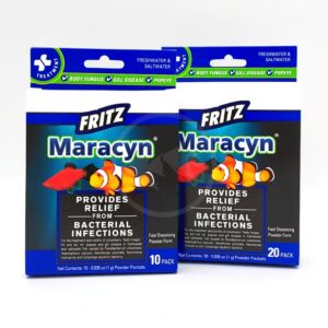Two boxes of Fritz Maracyn bacterial infection treatment for freshwater and saltwater fish, showing 10-pack and 20-pack sizes.